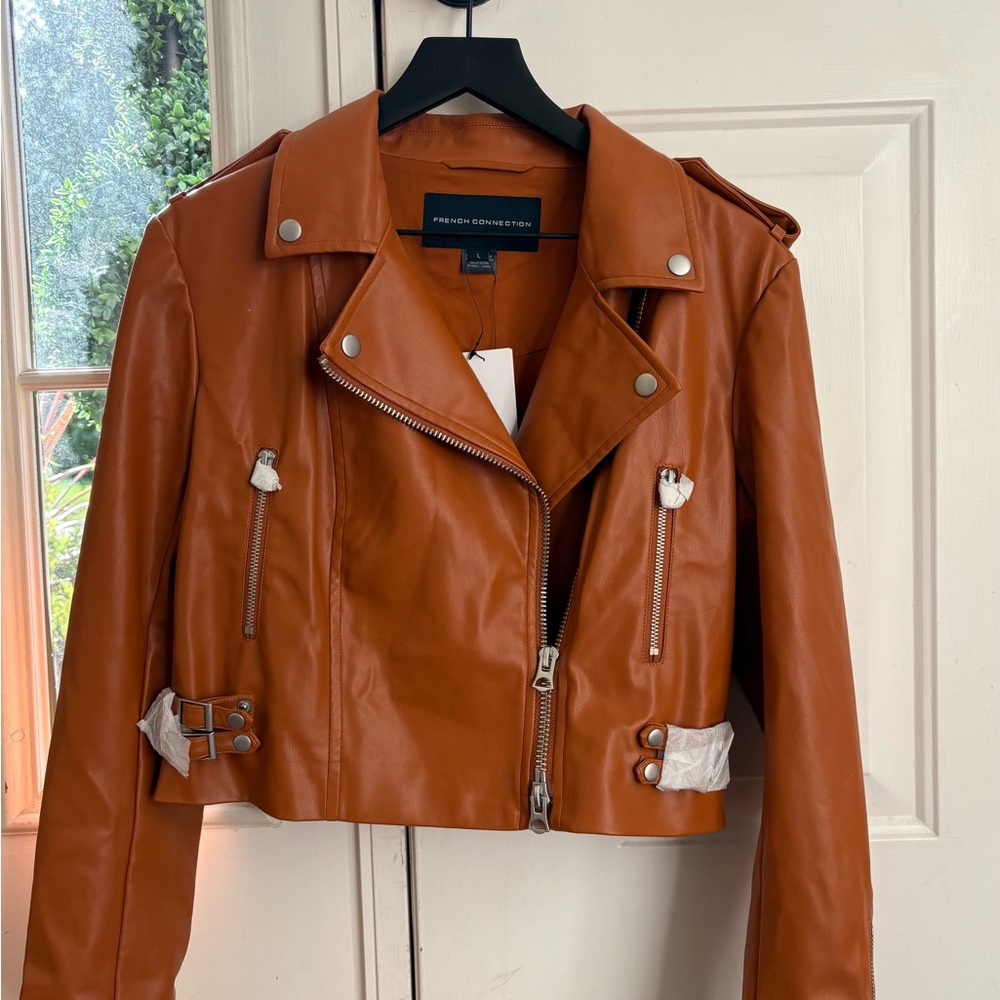 French Connection Brown Leather Biker Jacket - L
